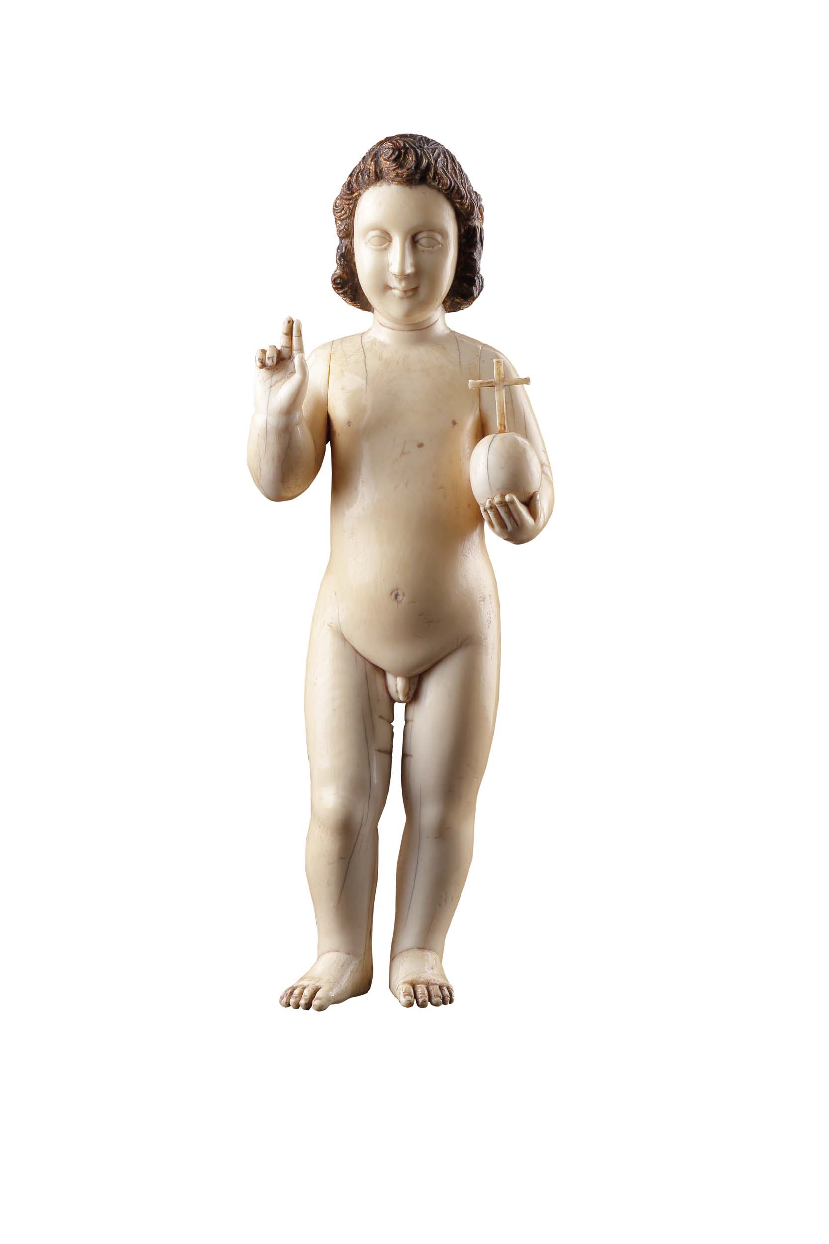 Indo-Portuguese Goa Finely Carved Ivory Figure of the Infant Christ as Saviour of the World ‘Salvator Mundi’